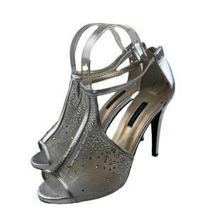 Caparros Formal Open Toe Heels Silver with Mesh & Rhinestones Size 9